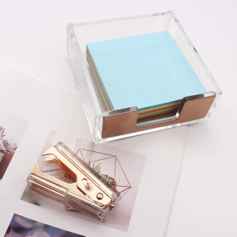 Photo 1 of Clear Acrylic Dark Gold Self-Stick Note Cube Holders | Staple Removers Set Desktop Copper Golden Memo Pad Dispenser 3.5x3.3 Inch | Staples Removal Tool for Office School Supplies (Dark Gold)
