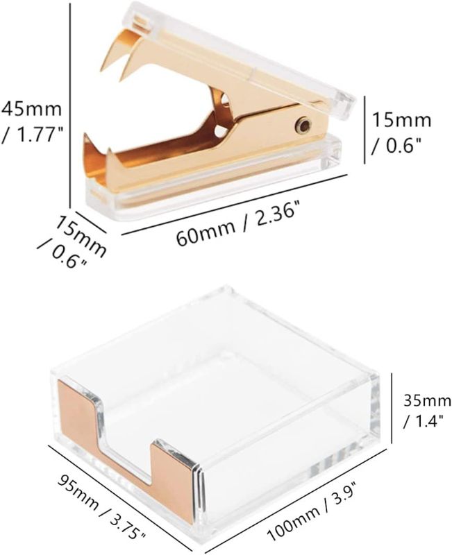 Photo 2 of Clear Acrylic Dark Gold Self-Stick Note Cube Holders | Staple Removers Set Desktop Copper Golden Memo Pad Dispenser 3.5x3.3 Inch | Staples Removal Tool for Office School Supplies (Dark Gold)
