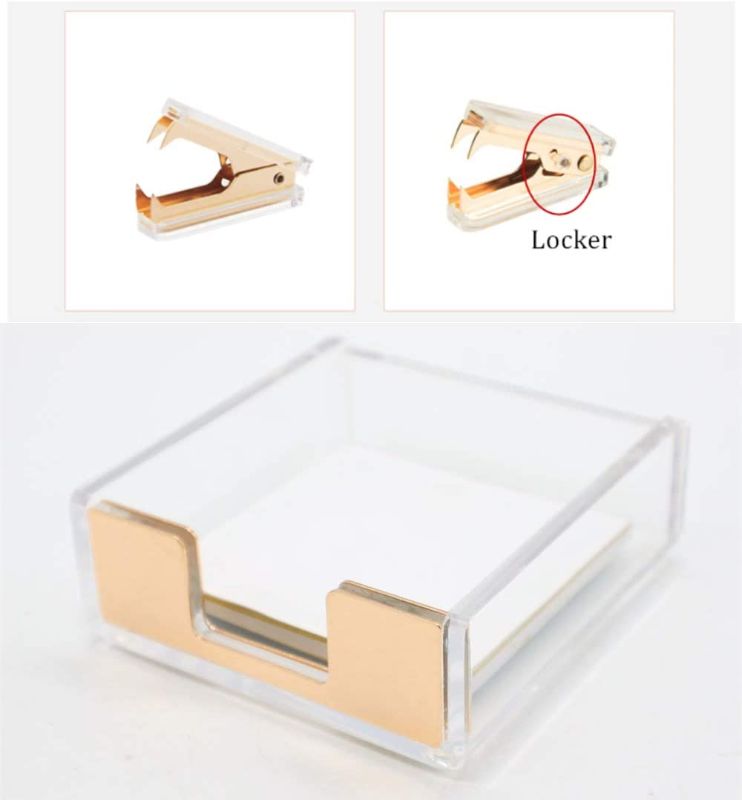 Photo 3 of Clear Acrylic Dark Gold Self-Stick Note Cube Holders | Staple Removers Set Desktop Copper Golden Memo Pad Dispenser 3.5x3.3 Inch | Staples Removal Tool for Office School Supplies (Dark Gold)
