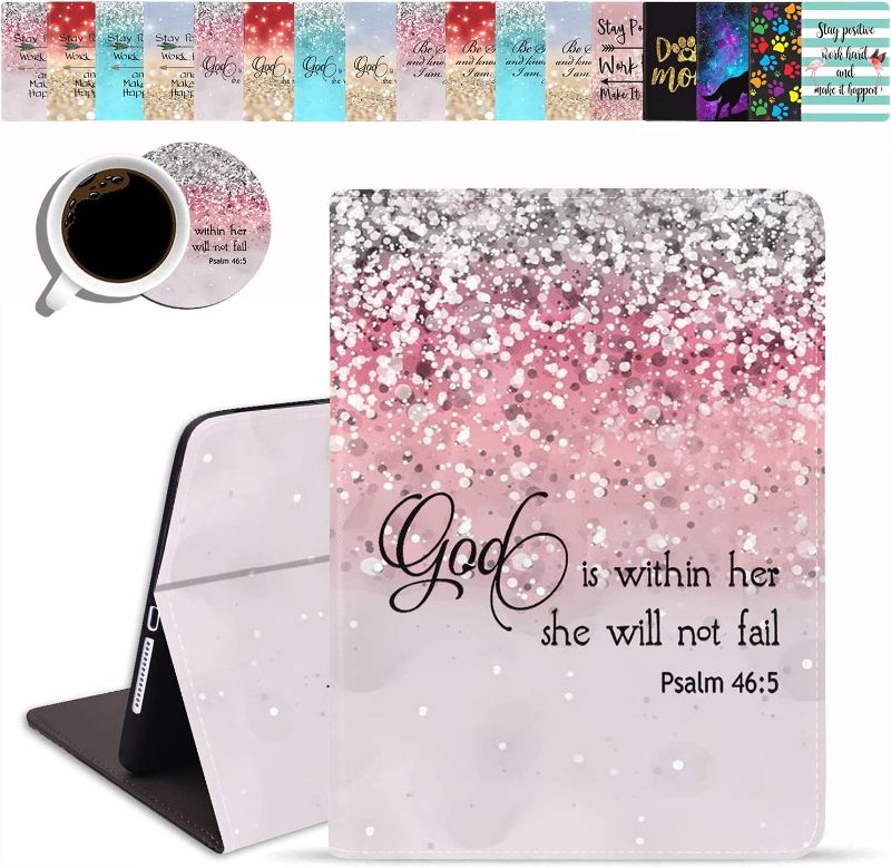 Photo 1 of iPad Mini 5 Case, Mini 4 Case, Adjustable Folio Smart Cover Stand Shockproof TPU Case with Auto Sleep/Wake for iPad Mini 5th/4th Gen 7.9 inch - Pink Glitter Quote Psalm 46:5 (with Coasters)
