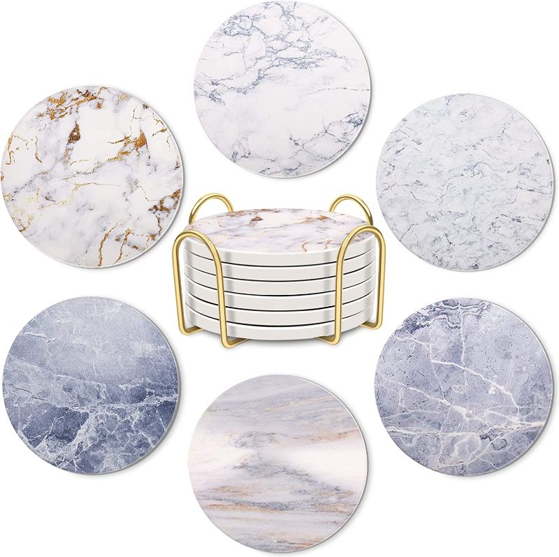 Photo 1 of Coasters for Drinks Absorbent Coaster Set of 6 with Holder, Marble Style Ceramic Drink Coaster with Cork Base Cup Place Mats, Housewarming Gift, and Home Decor
