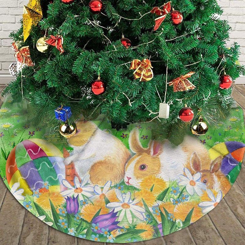 Photo 2 of Mount Hour Christmas Tree Skirt, Easter Holiday Easter Rabbit Bunny Eggs Spring Flower Xmas Large Tree Mat, New Year Festive Holiday Party Decorations 36" inches
