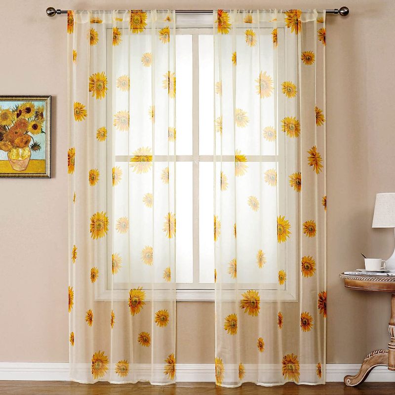 Photo 2 of BROSHAN Flower Window Sheer Curtains 1 Panel- Sunflower Curtains Bedroom Long106 inches Yellow Light Filtering Drapes for Living Room Girls Room
