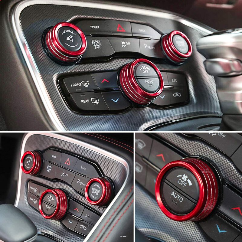 Photo 2 of For Dodge Challenger Charger 2015-2021 Interior Accessories Decoration Steering Wheel Trim Cover Emblem Kit & Air Conditioner Switch CD Button Knob Decal Trim Rings (Red)
