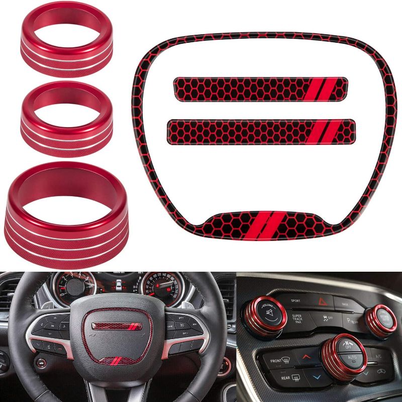 Photo 1 of For Dodge Challenger Charger 2015-2021 Interior Accessories Decoration Steering Wheel Trim Cover Emblem Kit & Air Conditioner Switch CD Button Knob Decal Trim Rings (Red)
