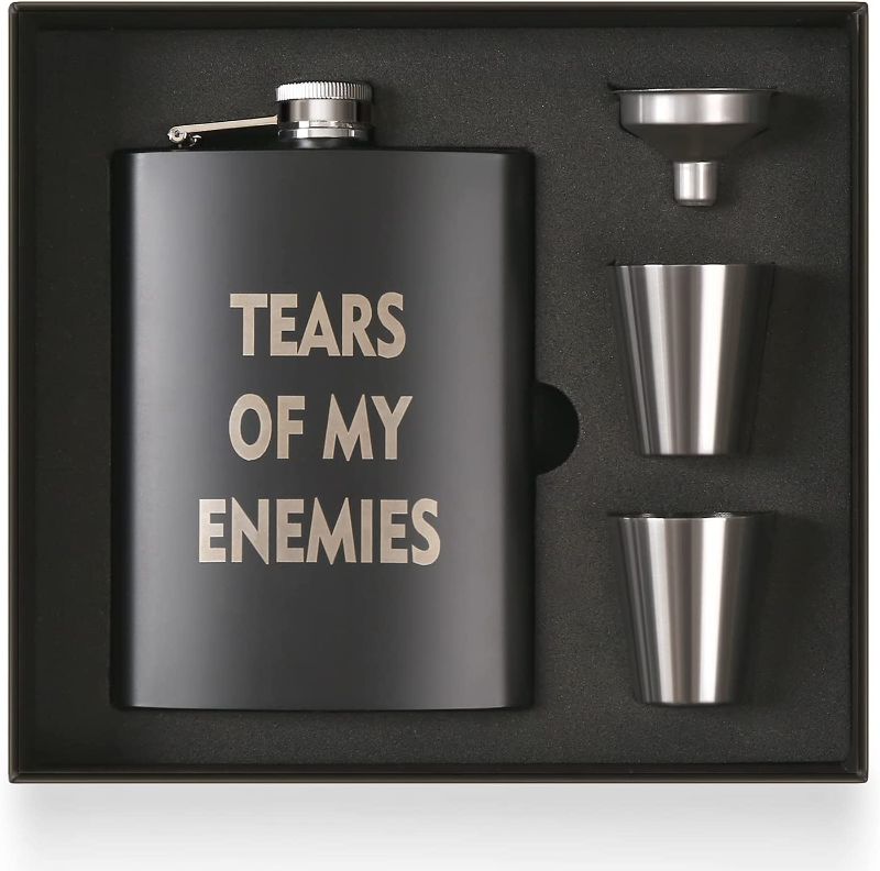 Photo 1 of Funny flask for liquor for men and women, Hip Flask Gift set, Tears of My Enemies, 8 ounce, 304 Stainless Steel with 2 cups and Funnel, Laser Engraved (Tears of My Enemies)
