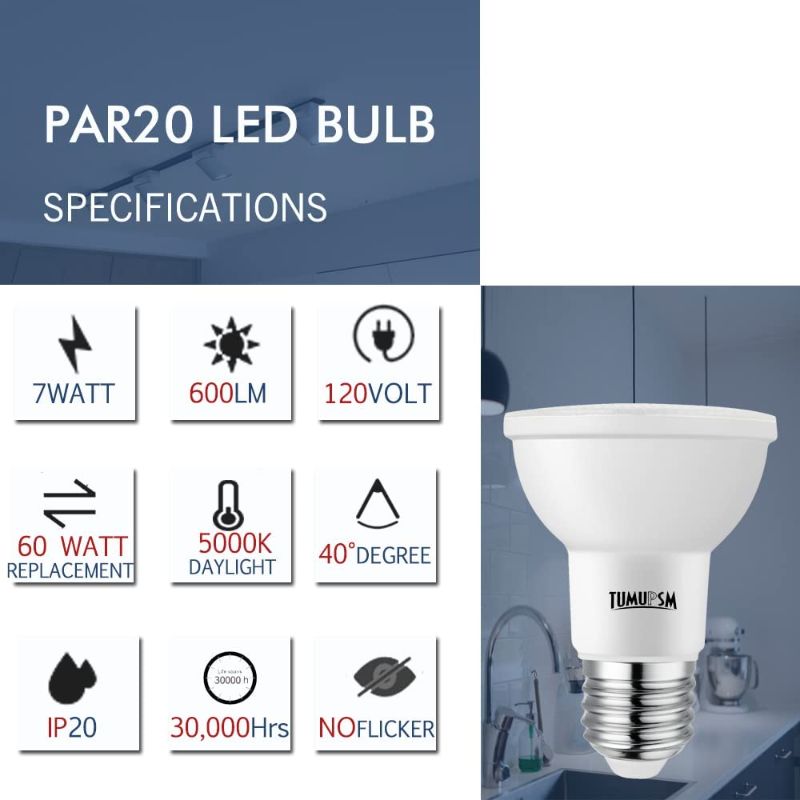 Photo 2 of PAR20 LED Bulb Daylight White 5000K Dimmable Flood Light 7W=60W Halogen E26 600LM Track Recessed Lighting Bulbs 4 Pack

