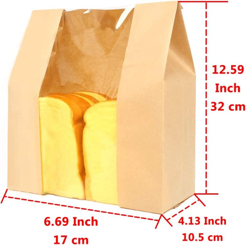 Photo 2 of Aosheng 50 PCS Brown Kraft Paper Bread Loaf Bag Lunch Food Packaging Storage Clear Windown Design Bakery Bag (6.69X 4.13 X 12.59 Inch) (Kraft Medium?

