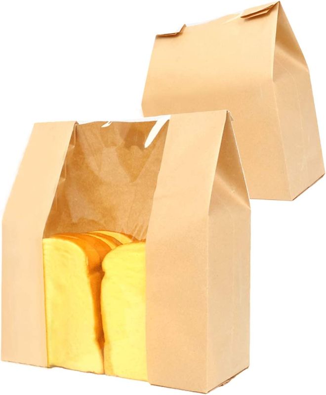 Photo 1 of Aosheng 50 PCS Brown Kraft Paper Bread Loaf Bag Lunch Food Packaging Storage Clear Windown Design Bakery Bag (6.69X 4.13 X 12.59 Inch) (Kraft Medium?
