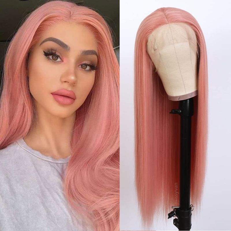 Photo 1 of Missyvan Long Straight Hair Pink Color Lace Wigs Glueless Heat Resistant Fiber Hair Synthetic Lace Front Wigs for Fashion Women
