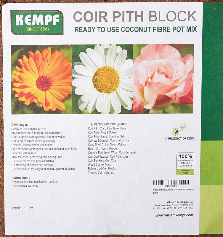 Photo 1 of Kempf Compressed Coco Coir Pith Block, 10 Pound Block, Natural Potting Mix, Expands to 18 Gallons
