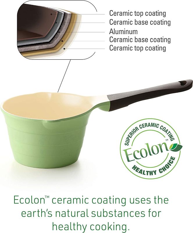 Photo 3 of Neoflam 1qt Saucepan Butter Warmer Milk Boiling|Melting Pot, Ecolon Healthy Ceramic Nonstick Coating PFOA-free, 2 Pour Spouts, Lightweight, Dishwasher Safe, Green
