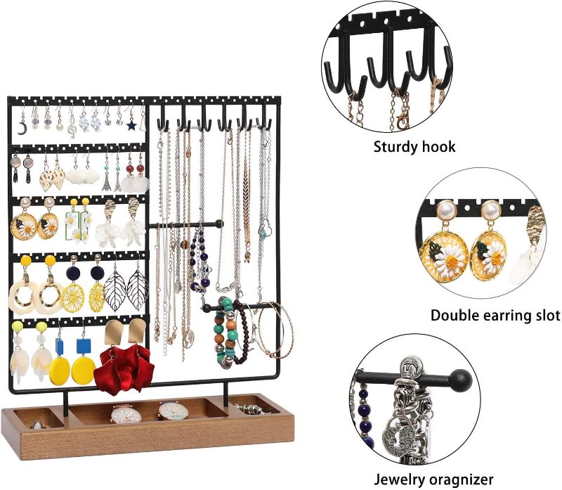 Photo 3 of X-cosrack Earring Holder,5-Tier Ear Stud Holder with Wooden Tray,Jewelry Organizer Holder for Earrings Necklaces Bracelets Watches and Rings,Earring Display Stand with 132 Holes,Black
