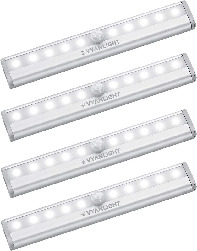 Photo 1 of VYANLIGHT Motion Sensor LED Lights, 10 LED Battery Operated Motion Light, Stick-On Anywhere Magnetic Night Light Bar for Under Cabinet, Closet, Hallway, Stairway, Wardrobe, Kitchen, Vanity, 4 Pack
