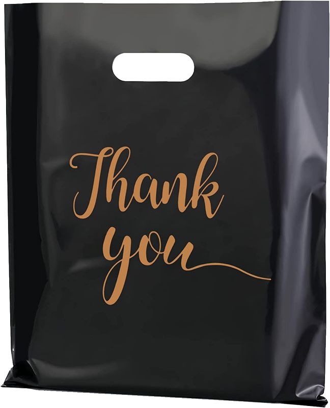 Photo 1 of 
MUKOSEL 100Pcs Thank You Merchandise Bags, Extra Thick 2.36Mil 12x15In Retail Shopping Bags for Goodie bags, Party, Stores, Boutique, Clothes, Business Gift, Reusable Plastic Bags with Handle (Blacke)
