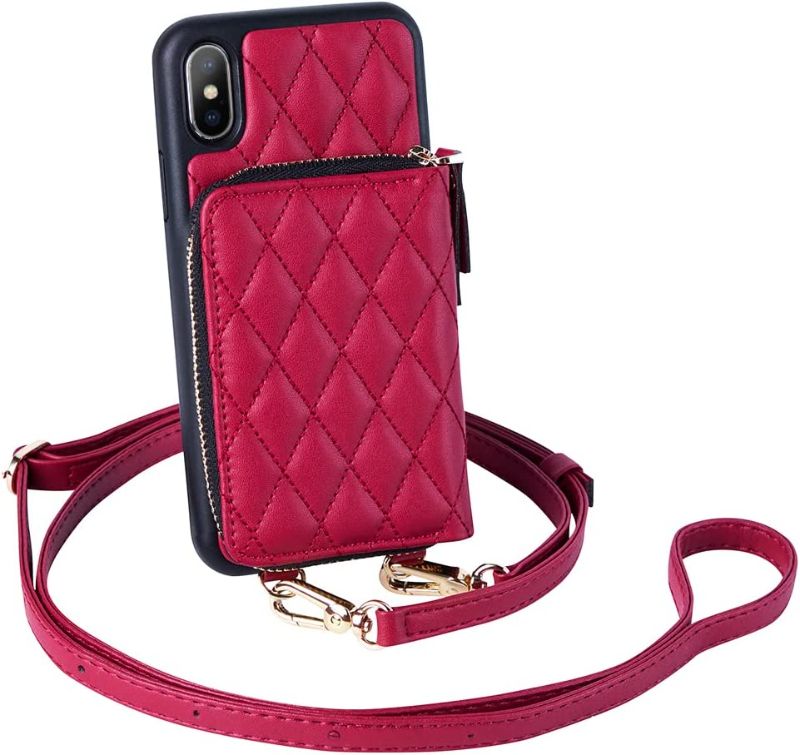 Photo 1 of LAMEEKU Wallet Case Compatible with iPhone Xs Max, Crossbody Wallet Case Card Holder Case Quilted Handbag Case for Women Protective Case for iPhone Xs Max,6.5"-Wine Red
