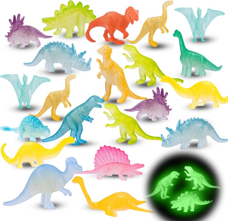 Photo 1 of Mini Dinosaurs Toys 48PCS Glow in Dark Dino Figure Dinosaur Party Favors Birthday Cup Cake Topper Goodie Bag Bulk Classroom Prize Treasure Box Toy Pinata Easter Basket Stuffers Eggs Fillers for Kids
