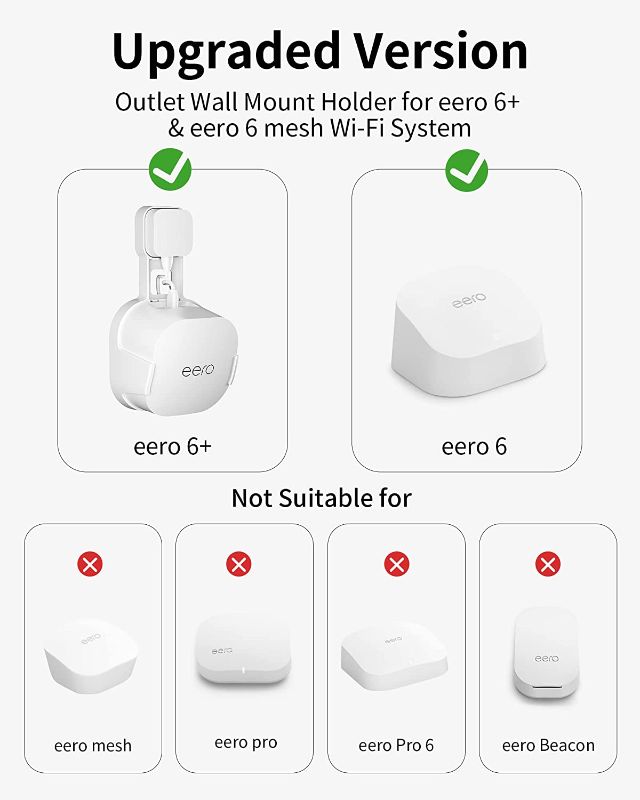 Photo 2 of COOLWUFAN Outlet Wall Mount Holder for eero 6 or eero 6+ mesh Wi-Fi System [NOT Fit for eero mesh], No Messy Wires, Easy to Install Mount Holder for eero 6 & eero 6+ mesh Wi-Fi System (1 Pack)
