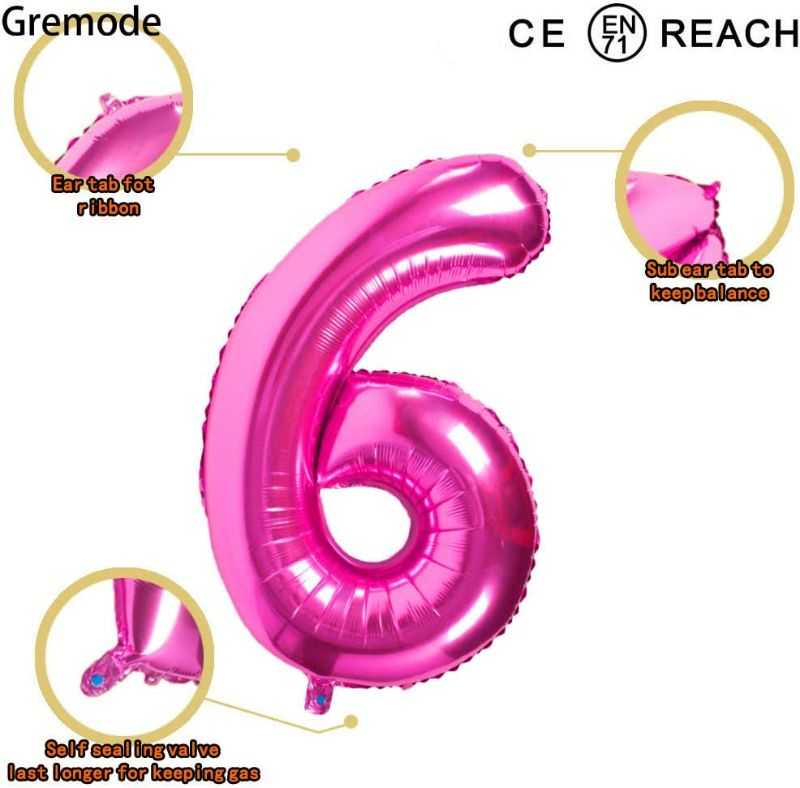 Photo 2 of 4 Pack Pink 6 Balloons,40 Inch Birthday Foil Balloon Party Decorations Supplies Helium Mylar Digital Balloons