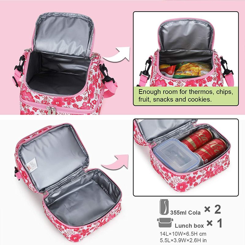 Photo 5 of MIER 2 Compartment Kids Small Lunch Box Bag for Boys Girls Toddlers, Adult Leakproof Cooler Insulated Lunch Tote with Shoulder Strap (Pink Flower)
