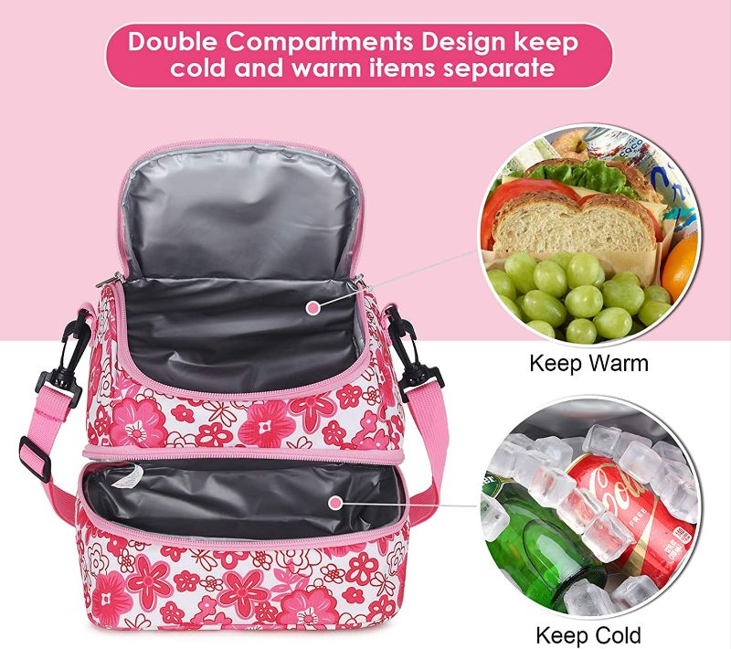 Photo 2 of MIER 2 Compartment Kids Small Lunch Box Bag for Boys Girls Toddlers, Adult Leakproof Cooler Insulated Lunch Tote with Shoulder Strap (Pink Flower)
