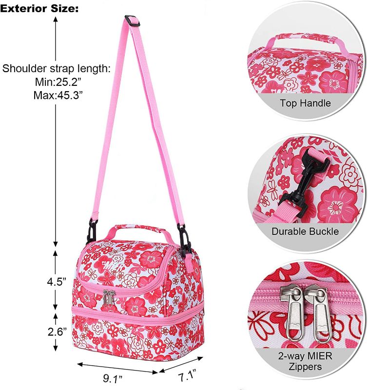 Photo 3 of MIER 2 Compartment Kids Small Lunch Box Bag for Boys Girls Toddlers, Adult Leakproof Cooler Insulated Lunch Tote with Shoulder Strap (Pink Flower)
