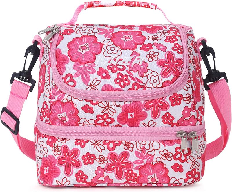 Photo 1 of MIER 2 Compartment Kids Small Lunch Box Bag for Boys Girls Toddlers, Adult Leakproof Cooler Insulated Lunch Tote with Shoulder Strap (Pink Flower)
