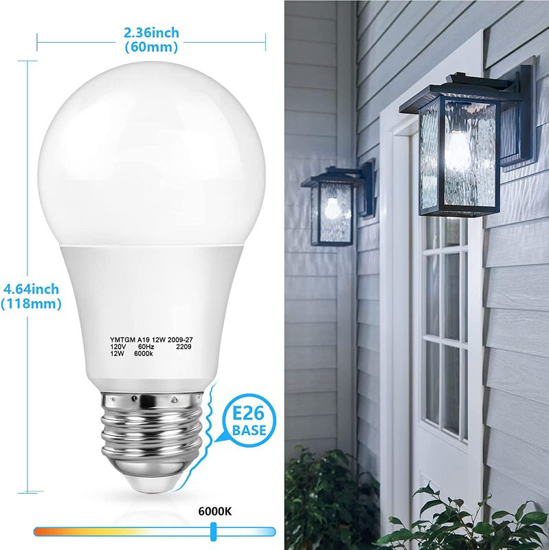 Photo 3 of Dusk to Dawn Light Sensor Bulbs, A19 12W(100 Watt Equivalent) LED Auto On Off Light Bulbs, 1200 Lumens, E26 Base, Daylight White 6000K Smart Sensor Lights Outdoor Indoor for Porch Garage Yard, 4-Pack