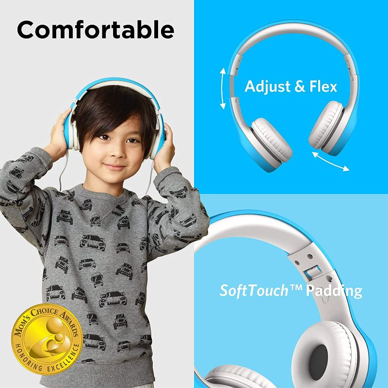 Photo 2 of LilGadgets Connect+ Kids Wired Headphones with Microphone, Volume Limiting for Safe Listening, Adjustable Headband, Cushioned Earpads to Ensure Comfort, for Kids, Toddlers, Boys & Girls, Blue
