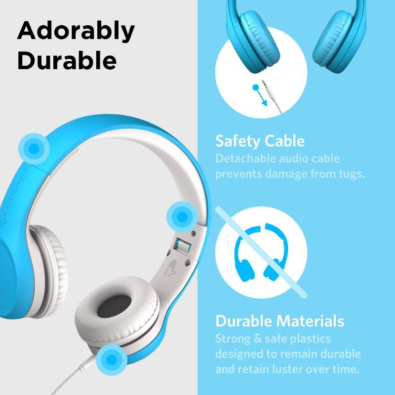 Photo 3 of LilGadgets Connect+ Kids Wired Headphones with Microphone, Volume Limiting for Safe Listening, Adjustable Headband, Cushioned Earpads to Ensure Comfort, for Kids, Toddlers, Boys & Girls, Blue