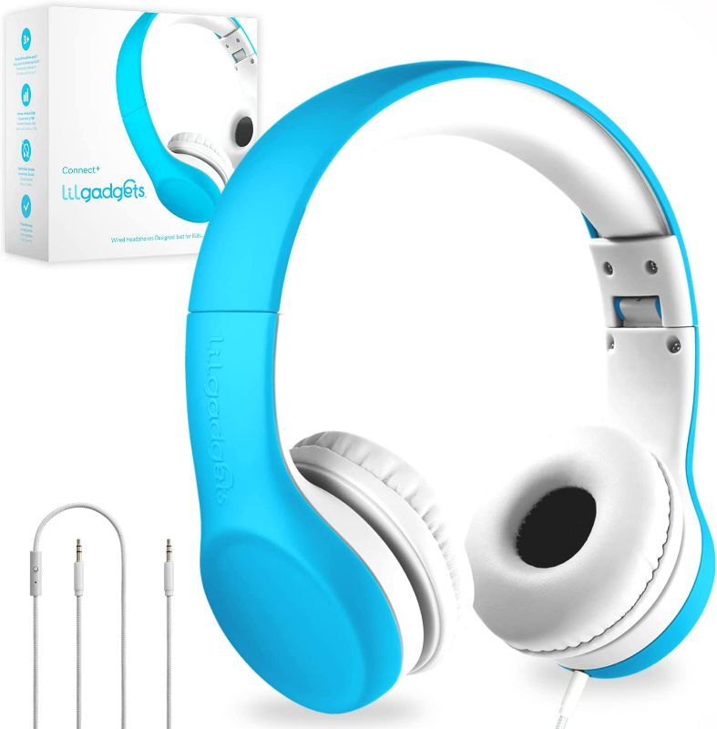 Photo 1 of LilGadgets Connect+ Kids Wired Headphones with Microphone, Volume Limiting for Safe Listening, Adjustable Headband, Cushioned Earpads to Ensure Comfort, for Kids, Toddlers, Boys & Girls, Blue