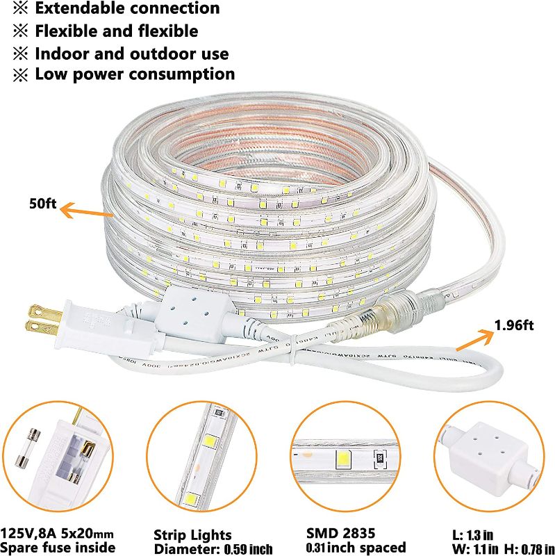 Photo 3 of SURNIE LED Rope Lights Outdoor - Indoor Waterproof Daylight White 50ft 110V Bright Lighting Cuttable Connectable - Cool Clear Flat Strip Light 6000K Flexible - Outside Deck Patio Camping Decor
