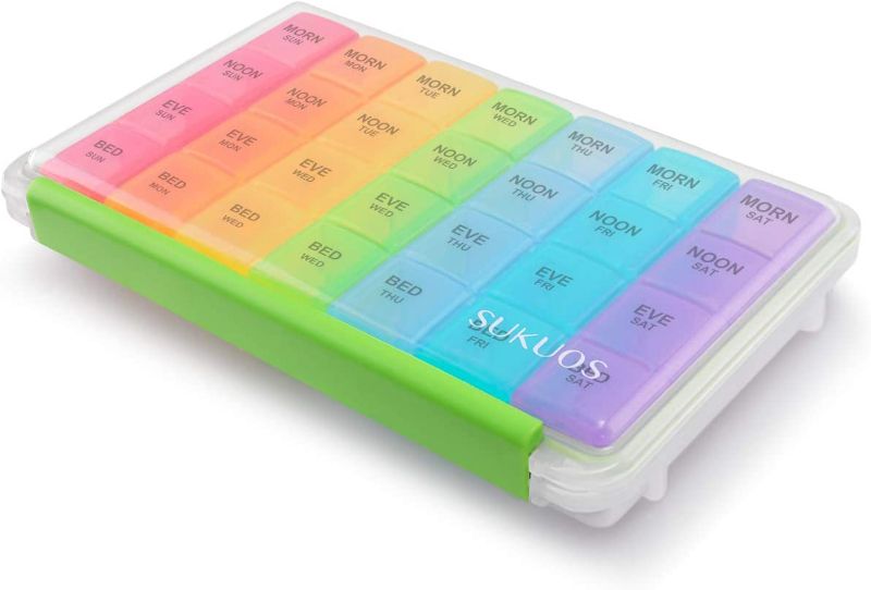 Photo 1 of Weekly Pill Organizer 7 Day (4 Times a Day), Sukuos Moisture-Resistant Large Daily Pill Cases for Pills/Vitamin/Fish Oil/Supplements - Rainbow Colors