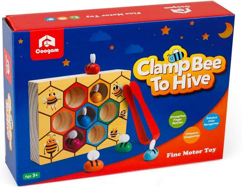 Photo 2 of Coogam Toddler Fine Motor Skill Toy, Clamp Bee to Hive Matching Game, Montessori Wooden Color Sorting Puzzle, Early Learning Preschool Educational Gift Toy for 3 4 5 Years Old Kids