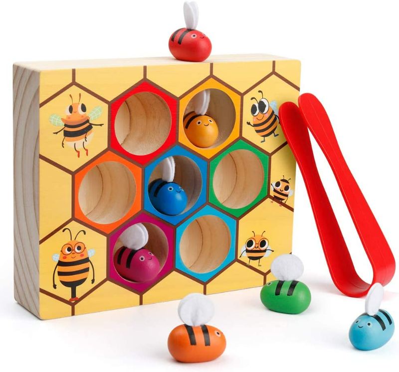 Photo 1 of Coogam Toddler Fine Motor Skill Toy, Clamp Bee to Hive Matching Game, Montessori Wooden Color Sorting Puzzle, Early Learning Preschool Educational Gift Toy for 3 4 5 Years Old Kids