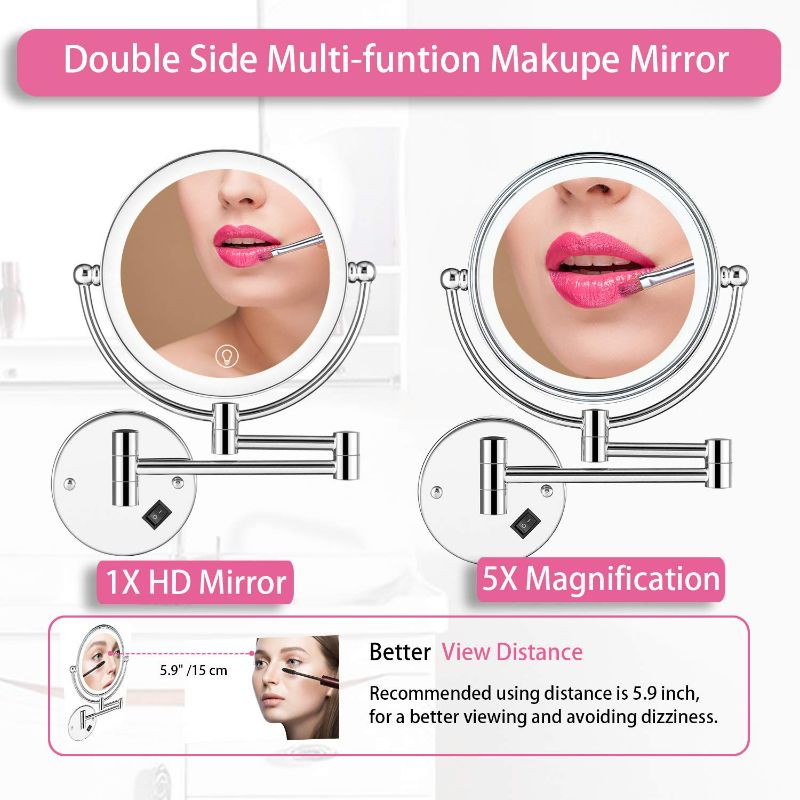 Photo 1 of AMZNEVO Wall Mounted Lighted Makeup Mirror, 8 Inch Double-Sided 1X 5X Magnifying Mirror for Bathroom, 11'' Extendable Arm, 360° Swivel, Touch DimmableLED Lights, Powered by Plug in, Chrome