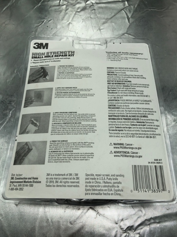 Photo 4 of 3M SHR High Strength Small Hole Repair Kit with 8 fl. oz Plus Primer, Self-Adhesive Patch, Putty Knife and Sanding Pad, 4 Piece Set, White