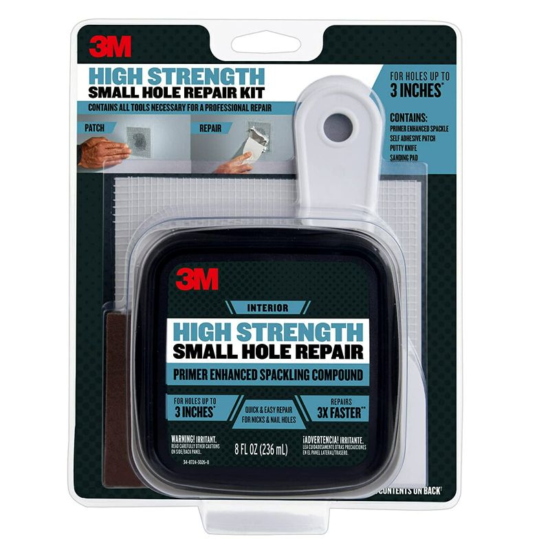 Photo 1 of 3M SHR High Strength Small Hole Repair Kit with 8 fl. oz Plus Primer, Self-Adhesive Patch, Putty Knife and Sanding Pad, 4 Piece Set, White