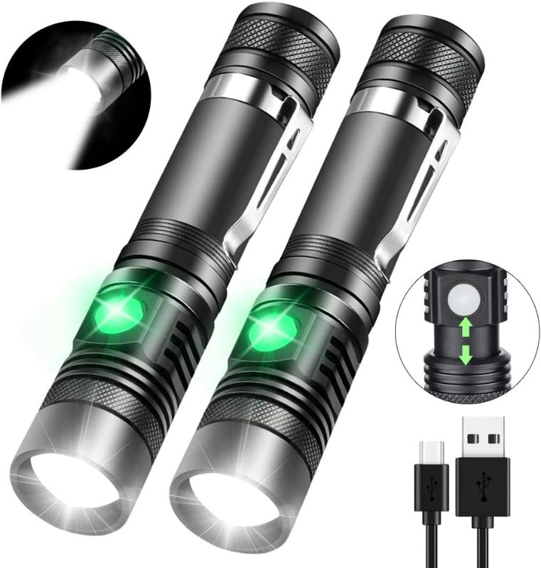 Photo 2 of iToncs Rechargeable Flashlight, Pocket-Sized Torch with Super Bright 1200 Lumens T6 LED, Water Resistant, Zoomable, LED Tactical Flashlights with Clip, 4 Modes for Camping Hiking and Emergency(2 Pack)