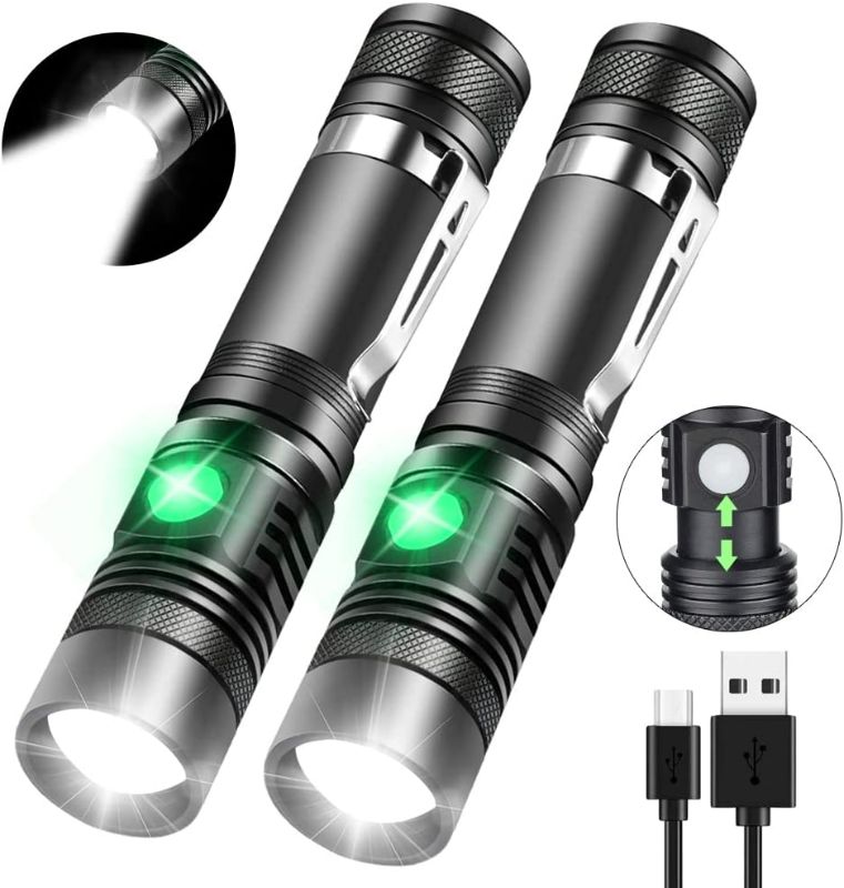 Photo 1 of iToncs Rechargeable Flashlight, Pocket-Sized Torch with Super Bright 1200 Lumens T6 LED, Water Resistant, Zoomable, LED Tactical Flashlights with Clip, 4 Modes for Camping Hiking and Emergency(2 Pack)