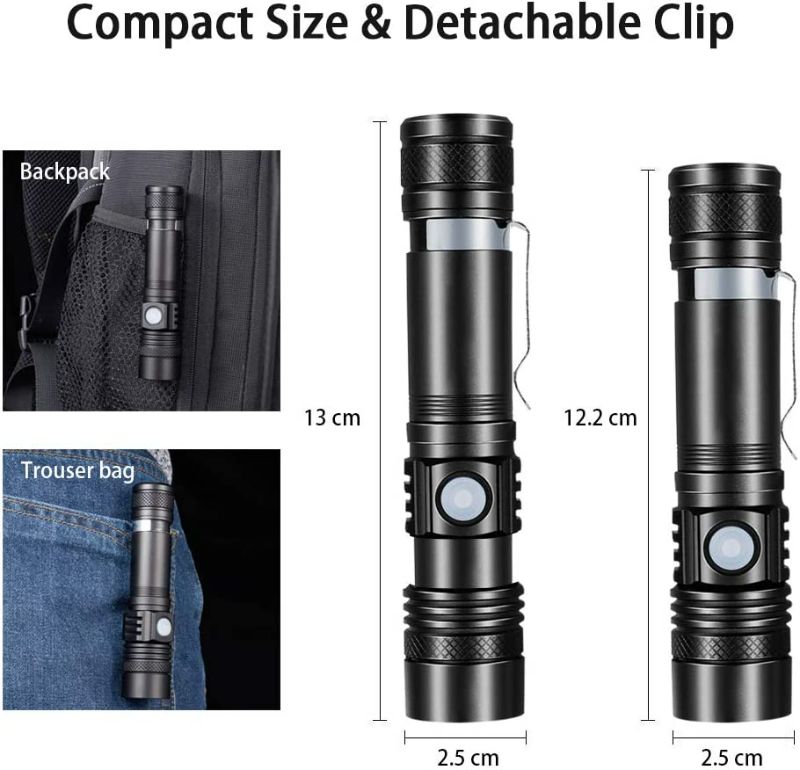 Photo 1 of iToncs Rechargeable Flashlight, Pocket-Sized Torch with Super Bright 1200 Lumens T6 LED, Water Resistant, Zoomable, LED Tactical Flashlights with Clip, 4 Modes for Camping Hiking and Emergency(2 Pack)