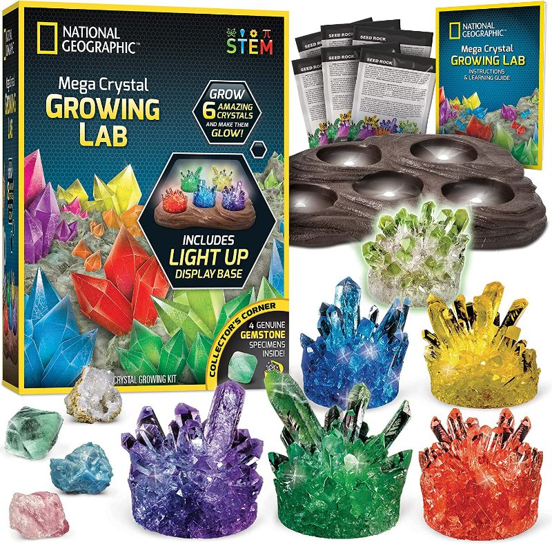 Photo 1 of NATIONAL GEOGRAPHIC Mega Crystal Growing Lab – Grow 6 Vibrant Crystals Fast (3-4 Days), with Light-Up Display Stand, Learning Guide, & 4 Genuine Crystal Specimens, an Amazon Exclusive Science Kit