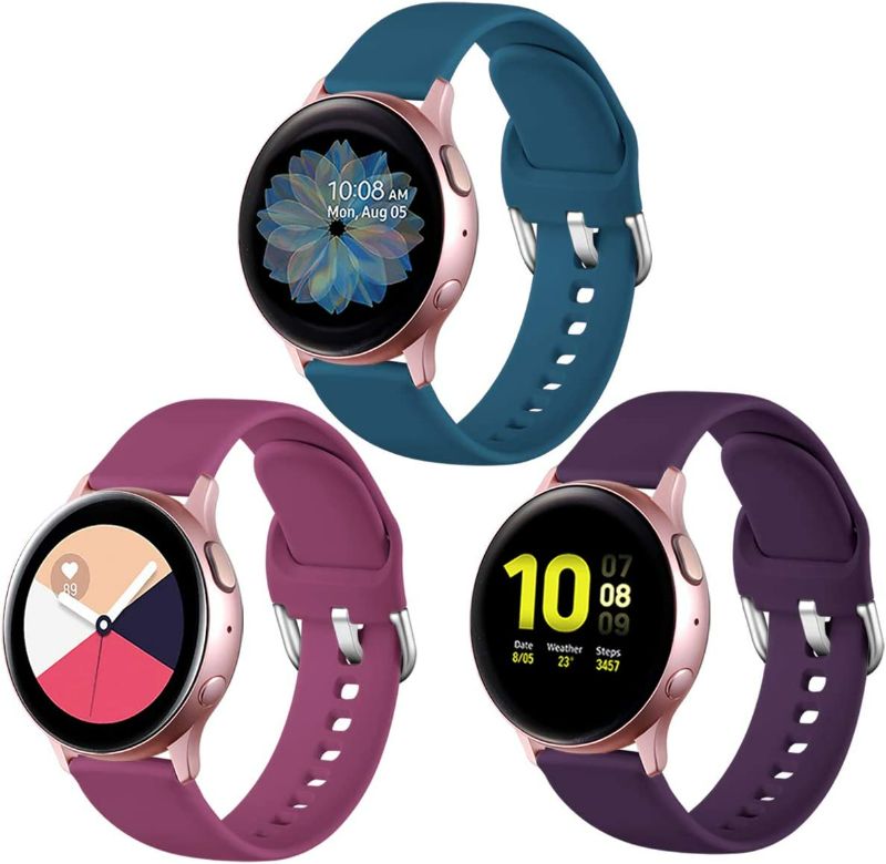 Photo 1 of Lerobo Compatible with Samsung Galaxy Active 2 Watch Bands 44mm 40mm, Galaxy Watch Active Bands, Galaxy Watch bands 42mm, 20mm Silicone Sport Strap,3 Pack,Large,Purple,Slate Blue,Wine