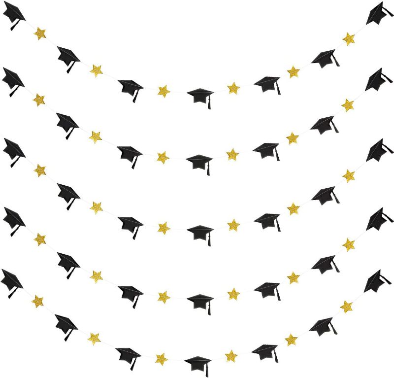 Photo 1 of Black and Gold Graduation Cap Star Garland Graduation Cap Banner, 2023 Graduation Banner Graduation Garland Hanging Decorations for Graduation Party Decorations 2023 Black and Gold - 9 PCS