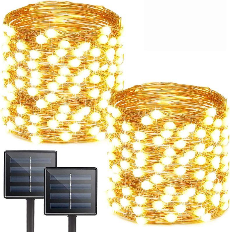 Photo 1 of Extra-Long 2-Pack Each 72FT 200 LED Solar String Lights Outdoor Waterproof, Super Bright Solar Outdoor Lights with 8 Lighting Modes, Solar Fairy Lights for Tree Garden Patio Xmas Party (Warm White)