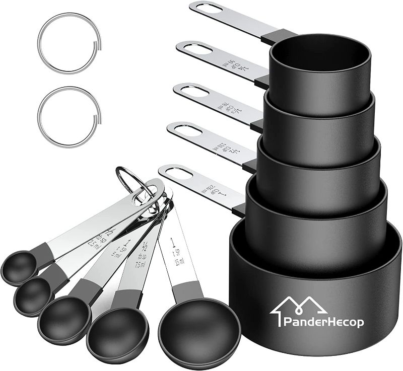 Photo 1 of PanderHecop Measuring Cups and Spoons Set, 10 Piece Stackable Stainless Steel Handle Accurate Tablespoon for Measuring Dry and Liquid Ingredients Small Teaspoon with Plastic Head (10, Black)