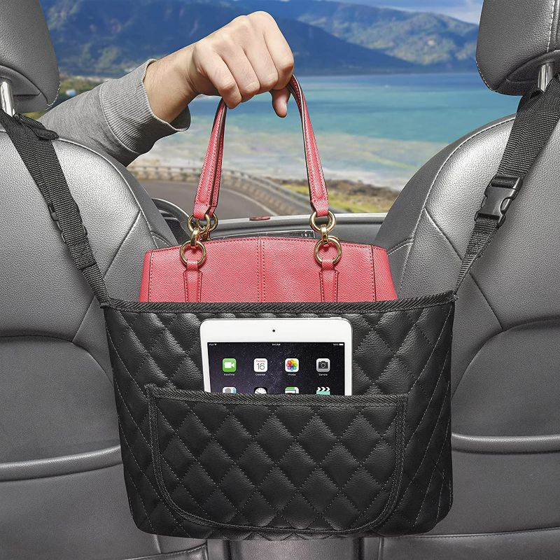 Photo 1 of Car Handbag Holder Between Seats, Diggtek Car Net Pocket Handbag Holder for Purse Storage, Car Organziers and Storage Front Seat, Leather Between Seat Car Organizer, Handbag Holder for Car(Black)