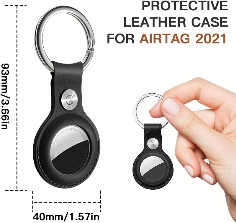 Photo 4 of Case for AirTag with Keychain Ring, Protective Leather Holder Tracker Cover with Keyring Compatible with Apple New Air Tag 2021 for Pets, Keys, Luggage, Backpacks BLACK