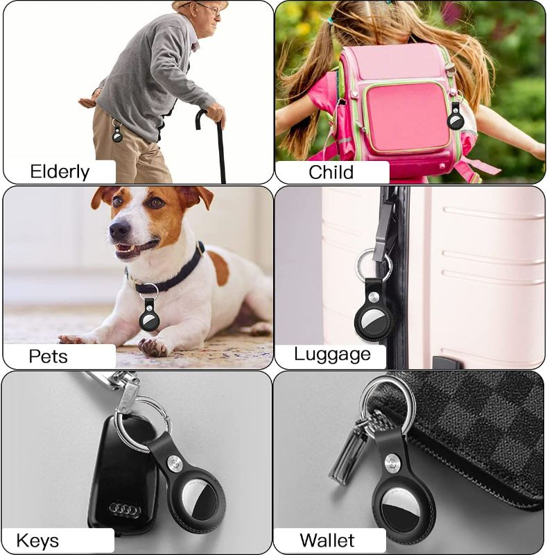 Photo 2 of Case for AirTag with Keychain Ring, Protective Leather Holder Tracker Cover with Keyring Compatible with Apple New Air Tag 2021 for Pets, Keys, Luggage, Backpacks BLACK