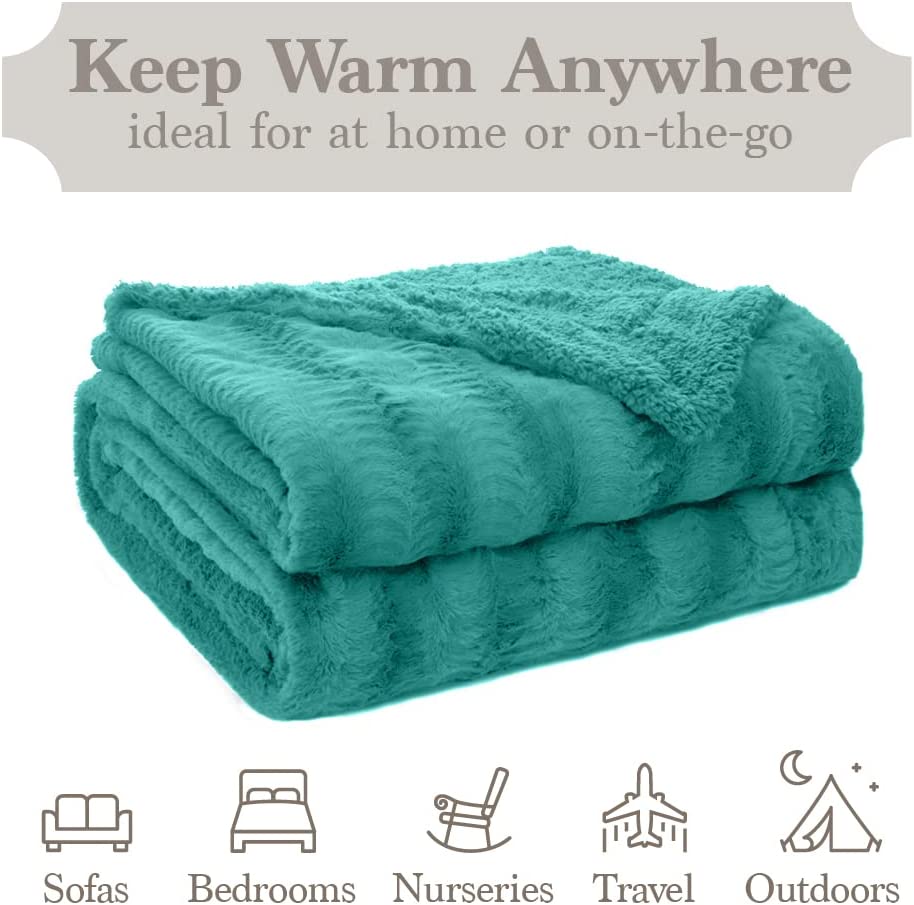 Photo 4 of The Connecticut Home Company Throw Blanket, Soft Plush Reversible Velvet and Sherpa, Queen 90x90, Warm Thick Throws for Bed, Comfy Washable Bedding Accent Blankets for Sofa Couch Chair, Slate TURQUOISE